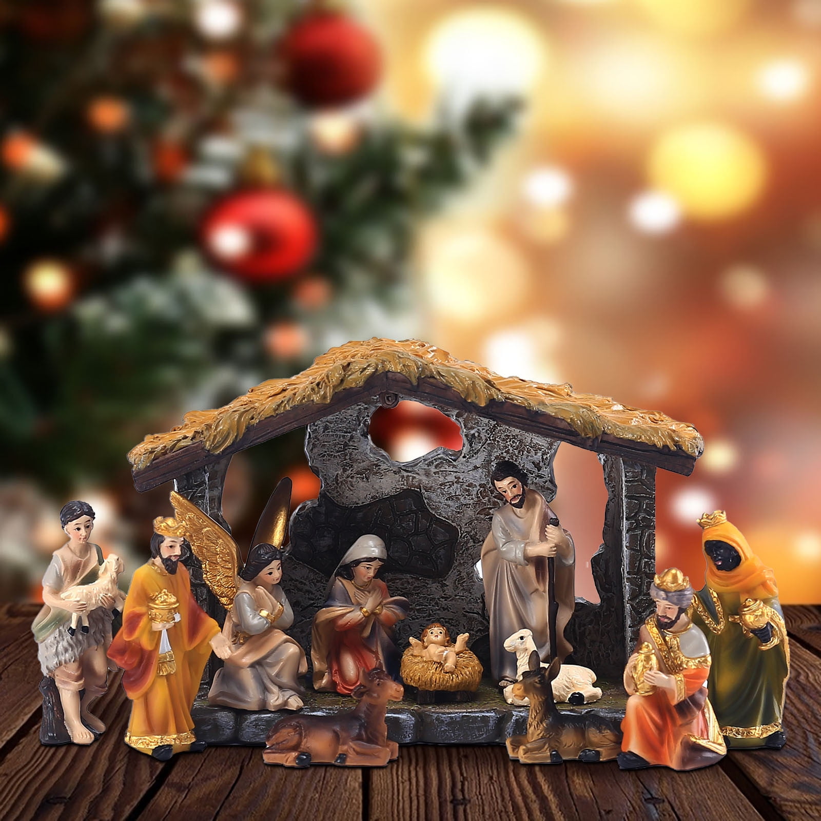 Hand Painted Christmas Nativity Scene Tabletop Ornament, Indoor Manger