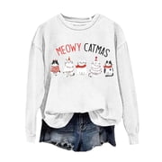 christmas sweaters for women funny, Funny Christmas Cat Sweatshirt, Meowy Graphic Crewneck Pullover, Soft Casual Holiday Top