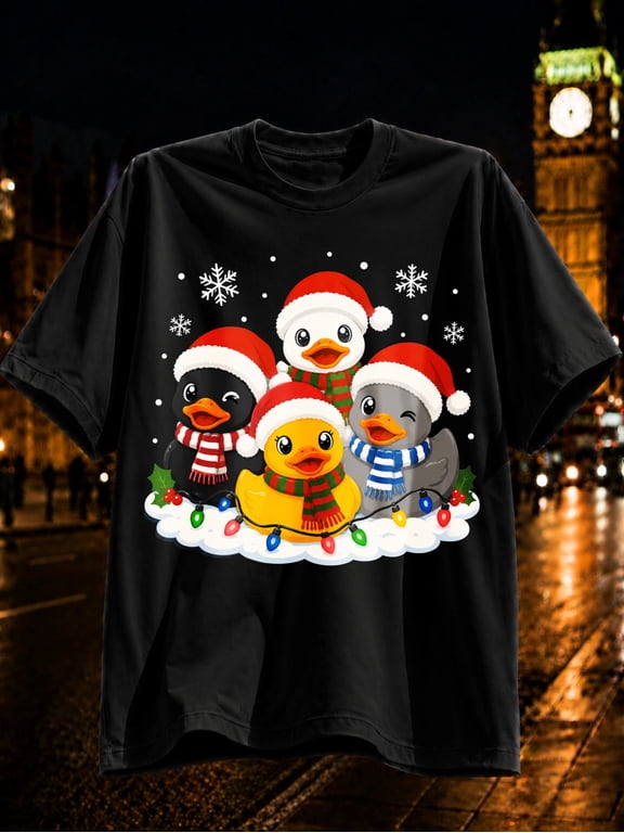christmas with four cute ducks with red and festive accessories snowflakes and lights festive cartoon style unisex all t shirt