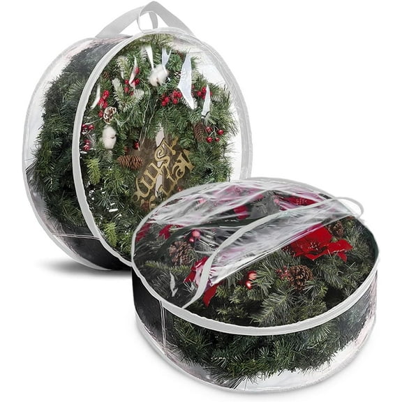 Behome 2 Pack Christmas Wreath Storage Bag, Clear Christmas Decoration Garland Container, Durable Zipper PVC Holiday Wreaths Storage Holder with Handles (White, 24”)