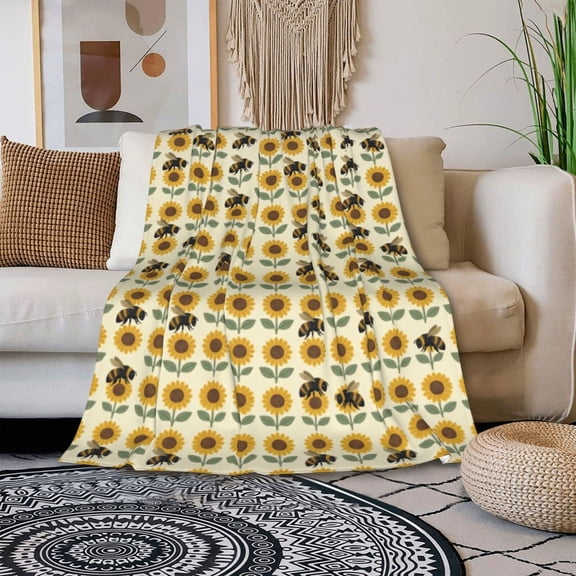 chrysanthemum Throw Blanket, Beautiful Sunflower Bumblebee Scene Bedding Blanket, Spring Summer Decor 80x60