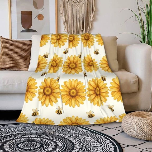 chrysanthemum Throw Blanket, Yellow Sunflower Bumble Bee Pattern Blanket for Sofa, Spring Summer Decor 80x60