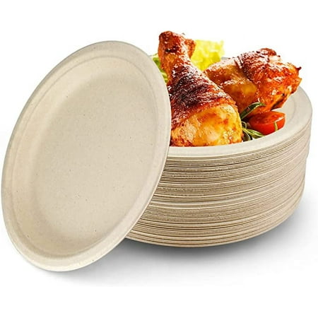 ciciware 100% Compostable Disposable Paper Plates Food Containers - 60 Pack Natural Disposable Bagasse Eco-Friendly Biodegradable (8.6 INCH-60PACK)