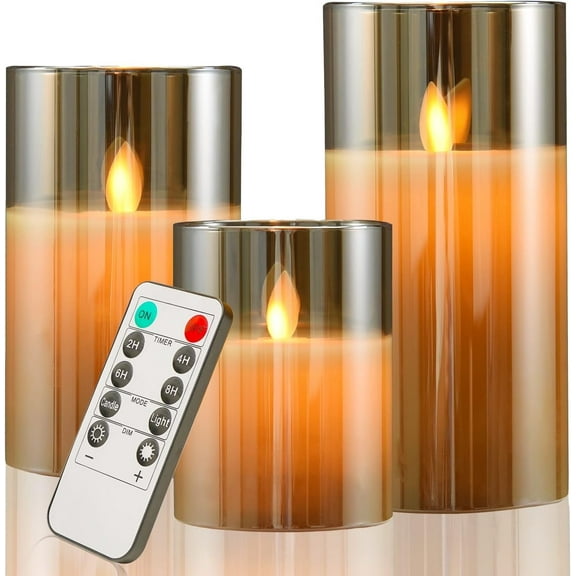 cimetech Flameless Candles 4" 5" 6" Set of 3 Outdoor Indoor Fake Pillars Gold Glass LED Battery Operated Candles Include 10-Key Remote Timer for Wedding Party Halloween Christmas Thanksgiving