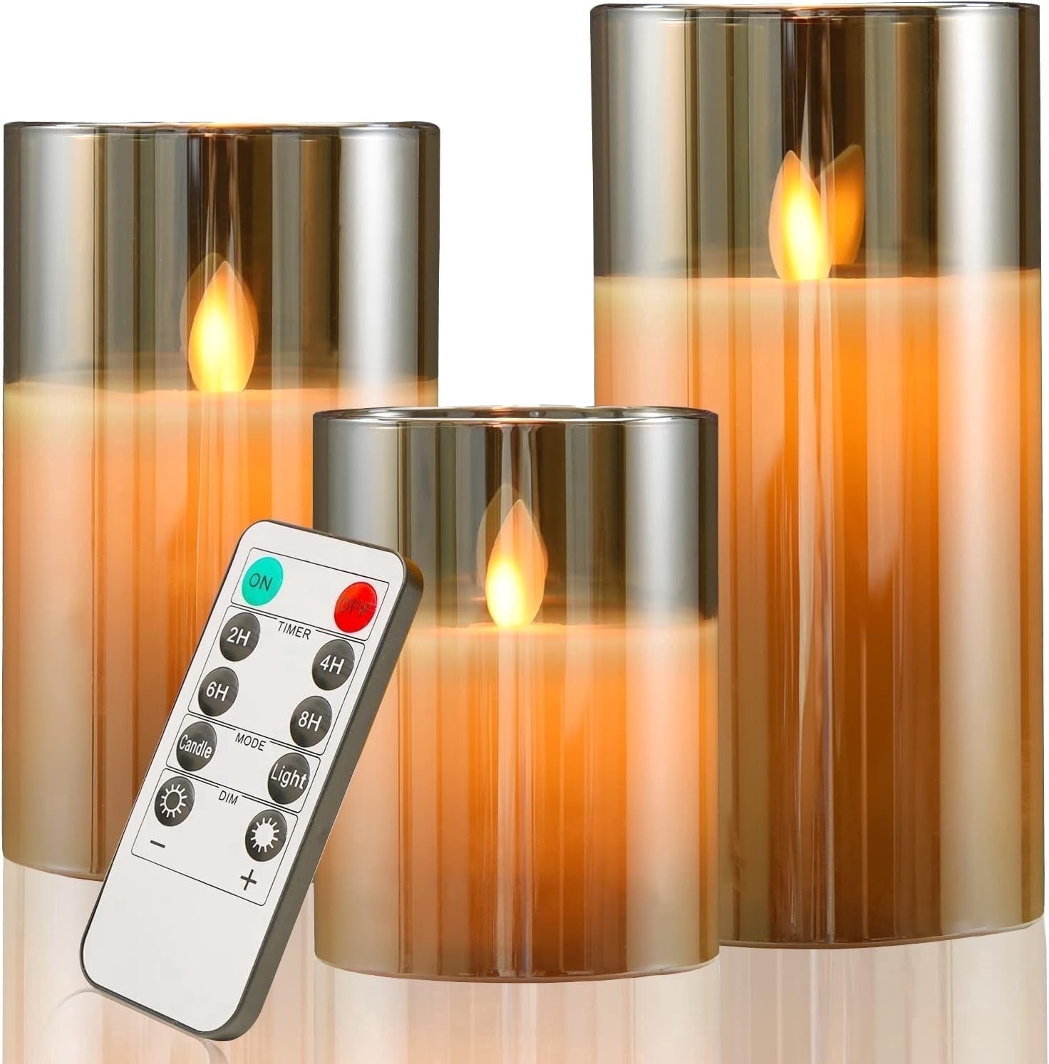 Cimetech Flickering Flameless Candles Set of 3, 3D Wick Acrylic Electric Fake Candles,Easter Decor, Battery Operated with Remote and Timer-Gold 4''x5''x6''