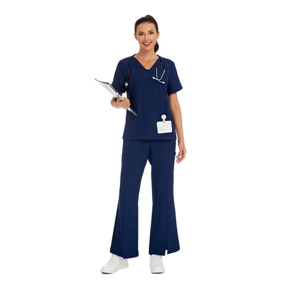 cimmuovere 2pcs Solid Color V-Neck Short Sleeve Top And Slit Pants Lab Coat Nurse Uniform Scrub Set Service Uniform Scrub Set For Pet Clinics, Private Care And Hospital, With Pockets