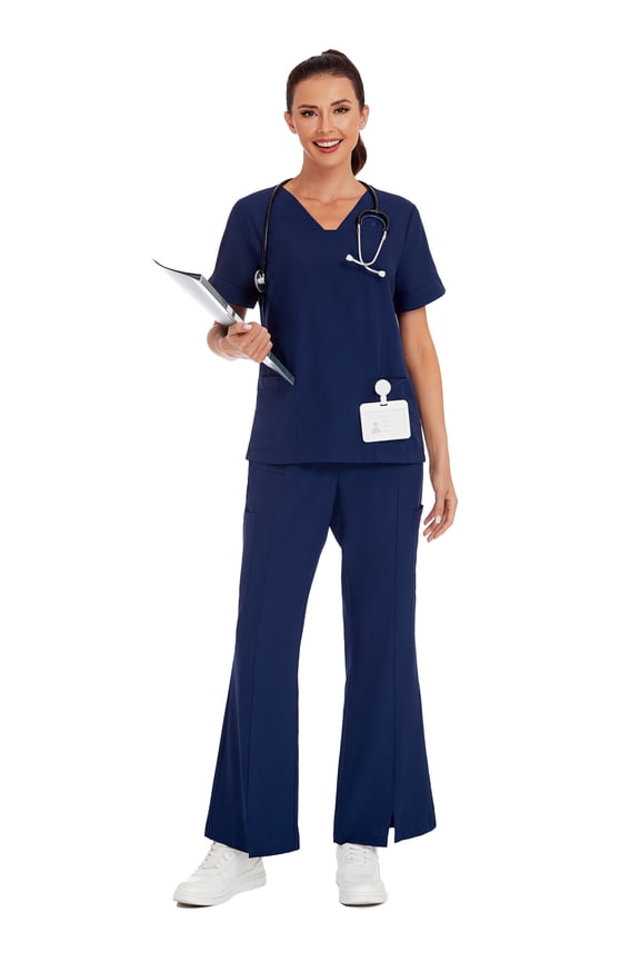 2pcs Solid Color V-Neck Short Sleeve Top And Slit Pants Lab Coat Nurse Uniform Scrub Set Service Uniform Scrub Set For Pet Clinics, Private Care And Hospital, With Pockets