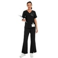 thumbnail image 1 of cimmuovere 2pcs Solid Color V-Neck Short Sleeve Top And Slit Pants Lab Coat Nurse Uniform Scrub Set Service Uniform Scrub Set For Pet Clinics, Private Care And Hospital, With Pockets, 1 of 6