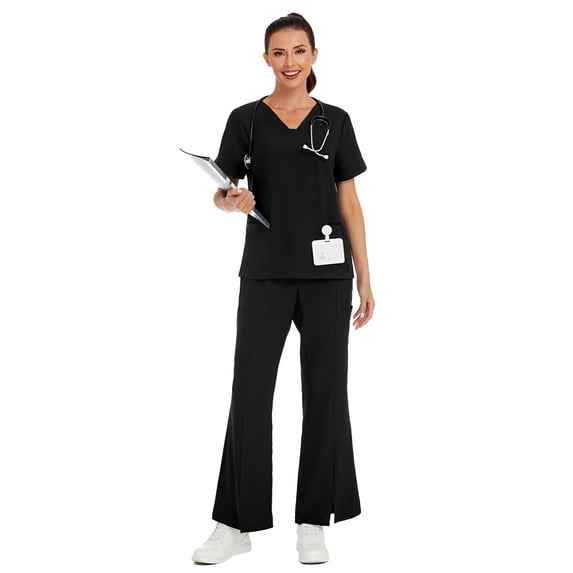 cimmuovere 2pcs Solid Color V-Neck Short Sleeve Top And Slit Pants Lab Coat Nurse Uniform Scrub Set Service Uniform Scrub Set For Pet Clinics, Private Care And Hospital, With Pockets