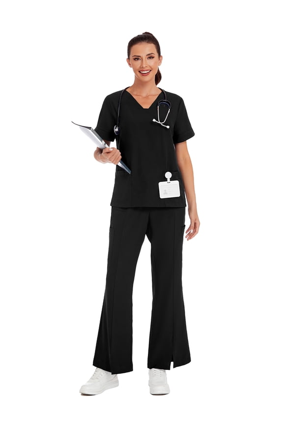 2pcs Solid Color V-Neck Short Sleeve Top And Slit Pants Lab Coat Nurse Uniform Scrub Set Service Uniform Scrub Set For Pet Clinics, Private Care And Hospital, With Pockets