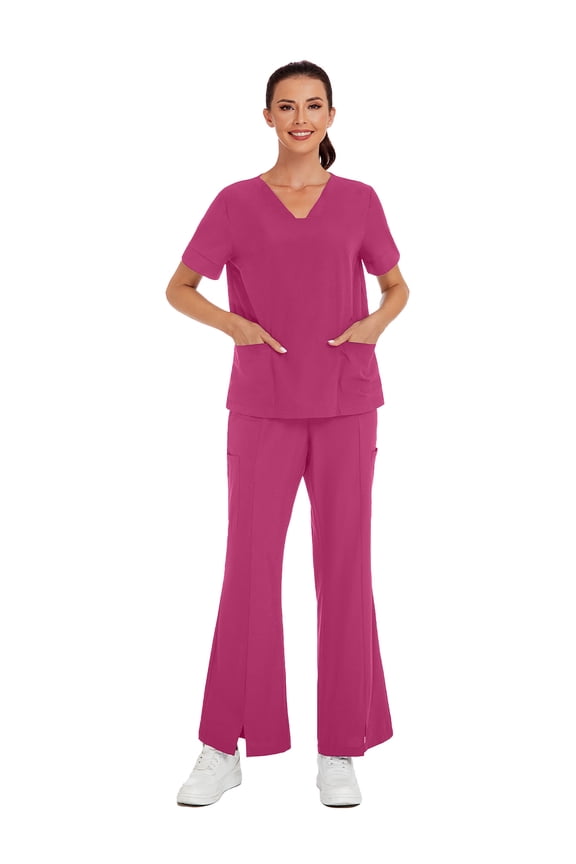 2pcs Solid Color V-Neck Short Sleeve Top And Slit Pants Lab Coat Nurse Uniform Scrub Set Service Uniform Scrub Set For Pet Clinics, Private Care And Hospital, With Pockets