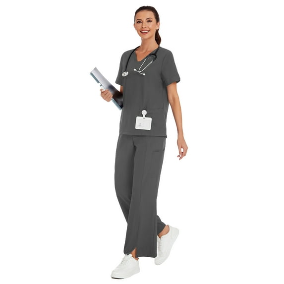 cimmuovere 2pcs Solid Color V-Neck Short Sleeve Top And Slit Pants Lab Coat Nurse Uniform Scrub Set Service Uniform Scrub Set For Pet Clinics, Private Care And Hospital, With Pockets