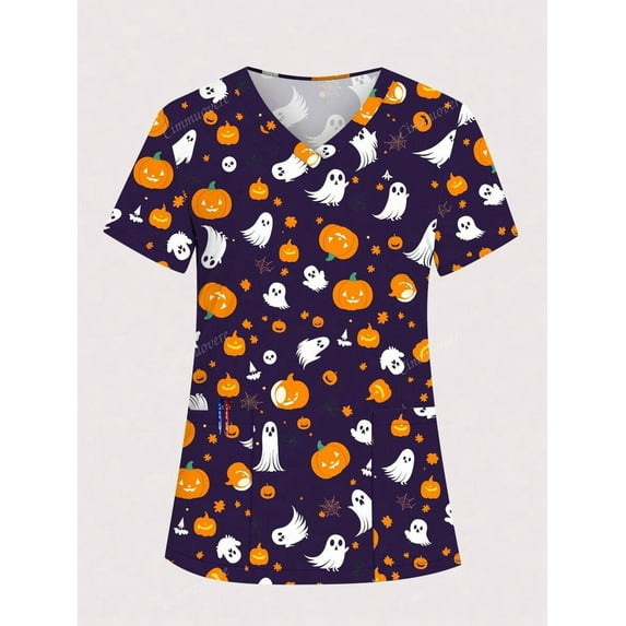 cimmuovere Women's Halloween Print V-Neck Multi-Pocket Scrubs Nurse Scrubs Workwear Dentist Healthcare Pet Hospital Laboratory Uniform Top