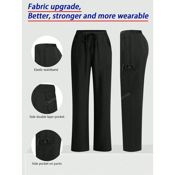 cimmuovere Women's Healthcare Pants, Comfortable Solid Color Simple Multi-Pocket Scrub Uniform Pants