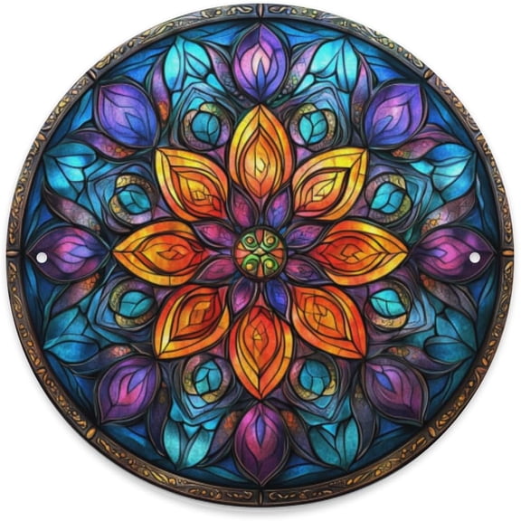 circle tin sign,Colored glass flower pattern,Round Metal sign,home Art wall decor Tinplate poster,for bar,pub,living room,cafe,Garden,Yard,indoor outdoor decorative plaque,8x8 inch