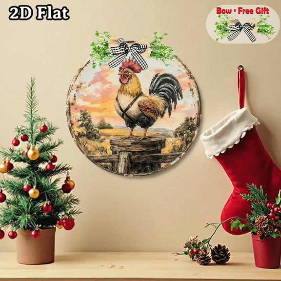 A circular wooden sign "Farmhouse Rooster's Wooden Post Sunset" with a bow decoration, which can be hung anywhere in the home, measures 12 * 12 inches.