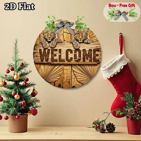 A circular wooden sign themed Welcome with leopards. Beautiful decorative signs and plaques for home. Comes with a free bow. 2D flat design. Size 12x12 inches.