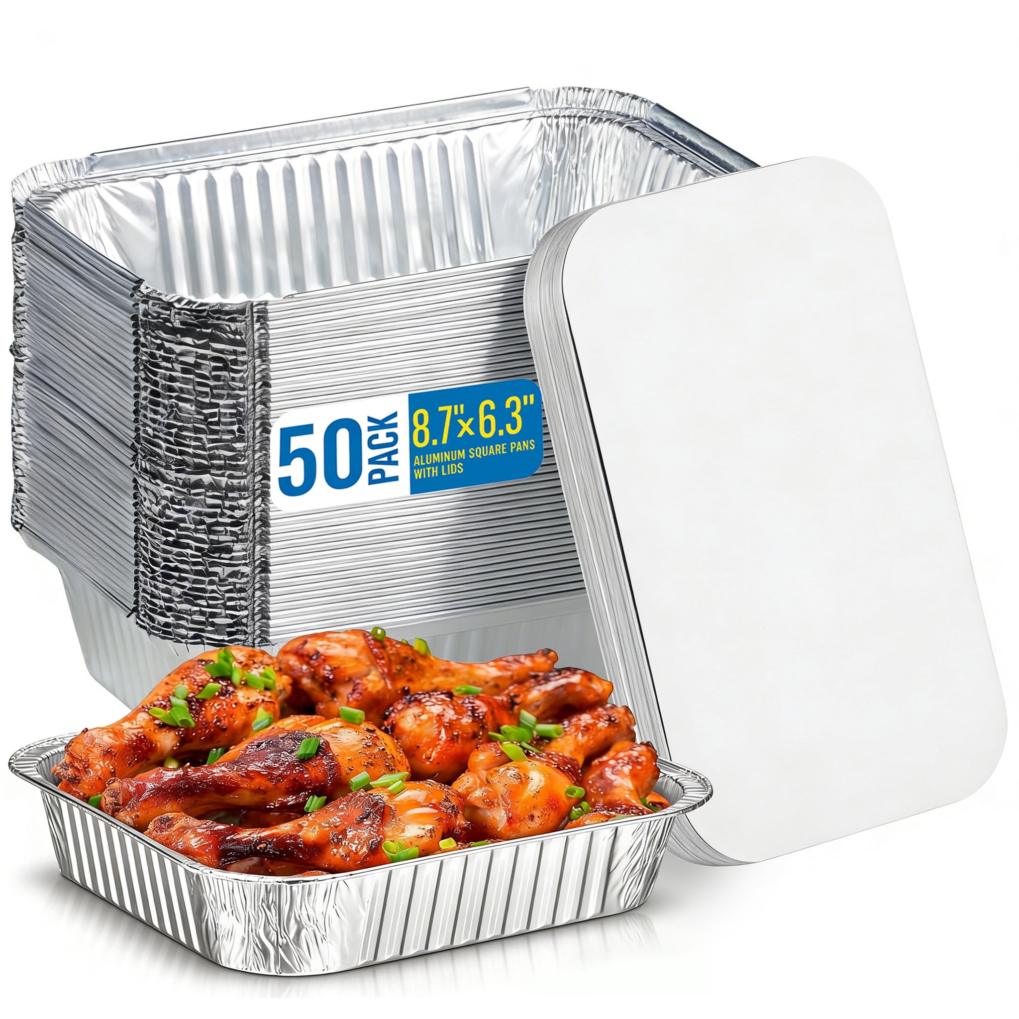 cisilov 50 Pack Aluminum Pans with Lids, 8.6''x6.3'' Disposable Tin Foil Baking Pans for Meal Prep, Oven-Safe Freezer & Takeout Containers