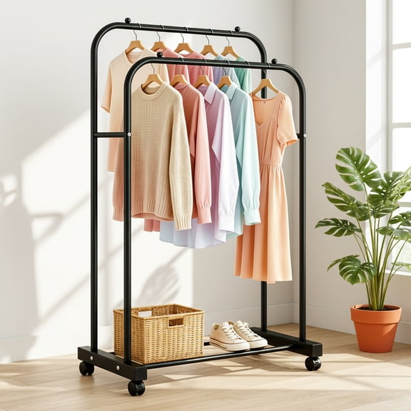cisilov Clothes Rack, Double Rods Rolling Clothing Rack for Hanging Clothes, Portable Garment Rack with Wheels for Bedroom Laundry Room, Black