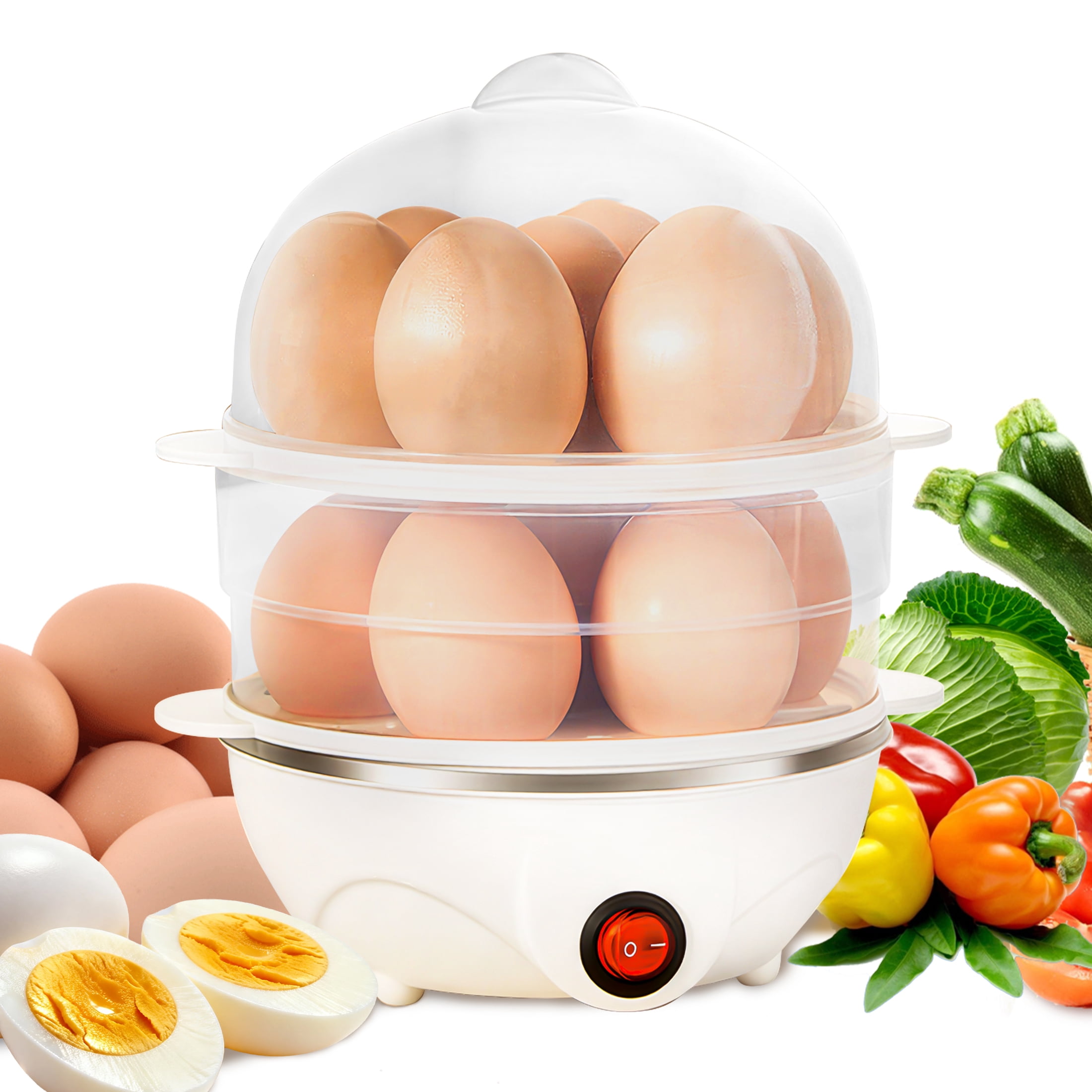 GARITIN Electric Egg Cooker for Hard Boiled Eggs, Poacher Eggs, Omelet Maker & Vegetable Steamer, 14 Egg Double-Tier, Auto Shut Off Boiled Egg Maker, White