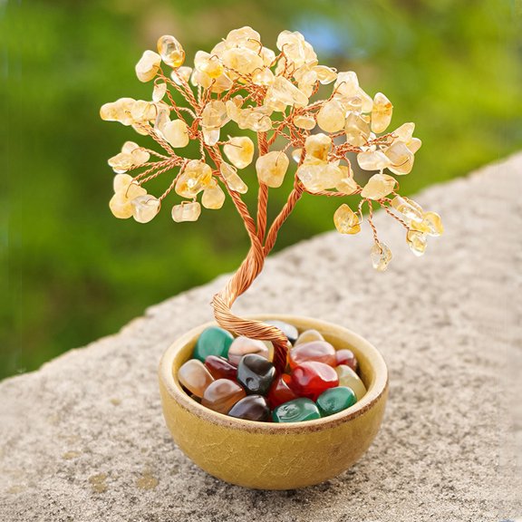The citrine wealth tree paired with the treasure-gathering basin and agate tea cup ornaments: An auspicious symbol for gathering wealth and an elegant and luxurious home decoration.