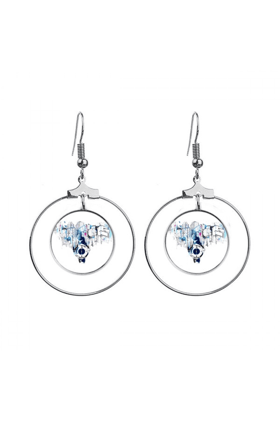 city modern building clock watercolor earrings dangle hoop jewelry drop circle