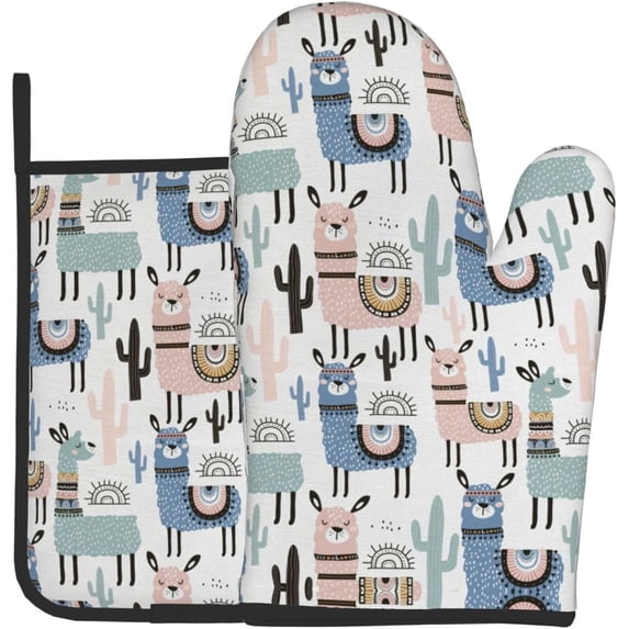 cixuoa Tropical Cactus Animal Lama Print Kitchen 7.2"X11" Oven Mitts and Pot Holders Sets, Safe for Baking,Cooking, BBQ