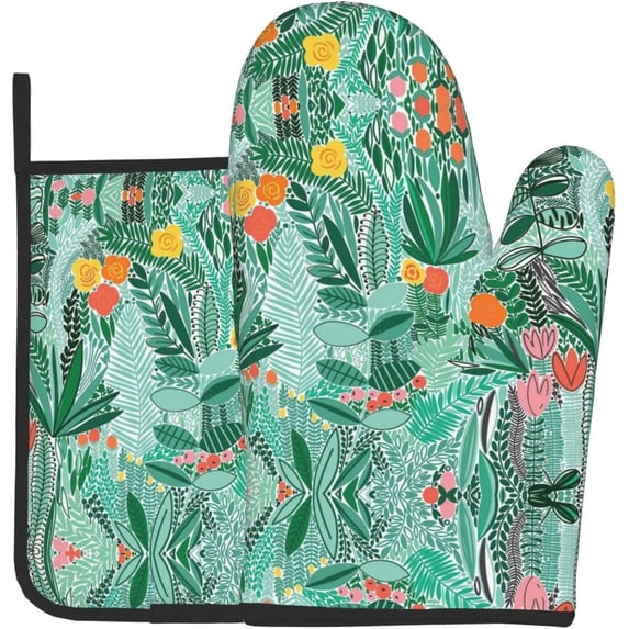 cixuoa Tropical Flora Print Kitchen 7.2"X11" Oven Mitts and Pot Holders Sets, Safe for Baking,Cooking, BBQ