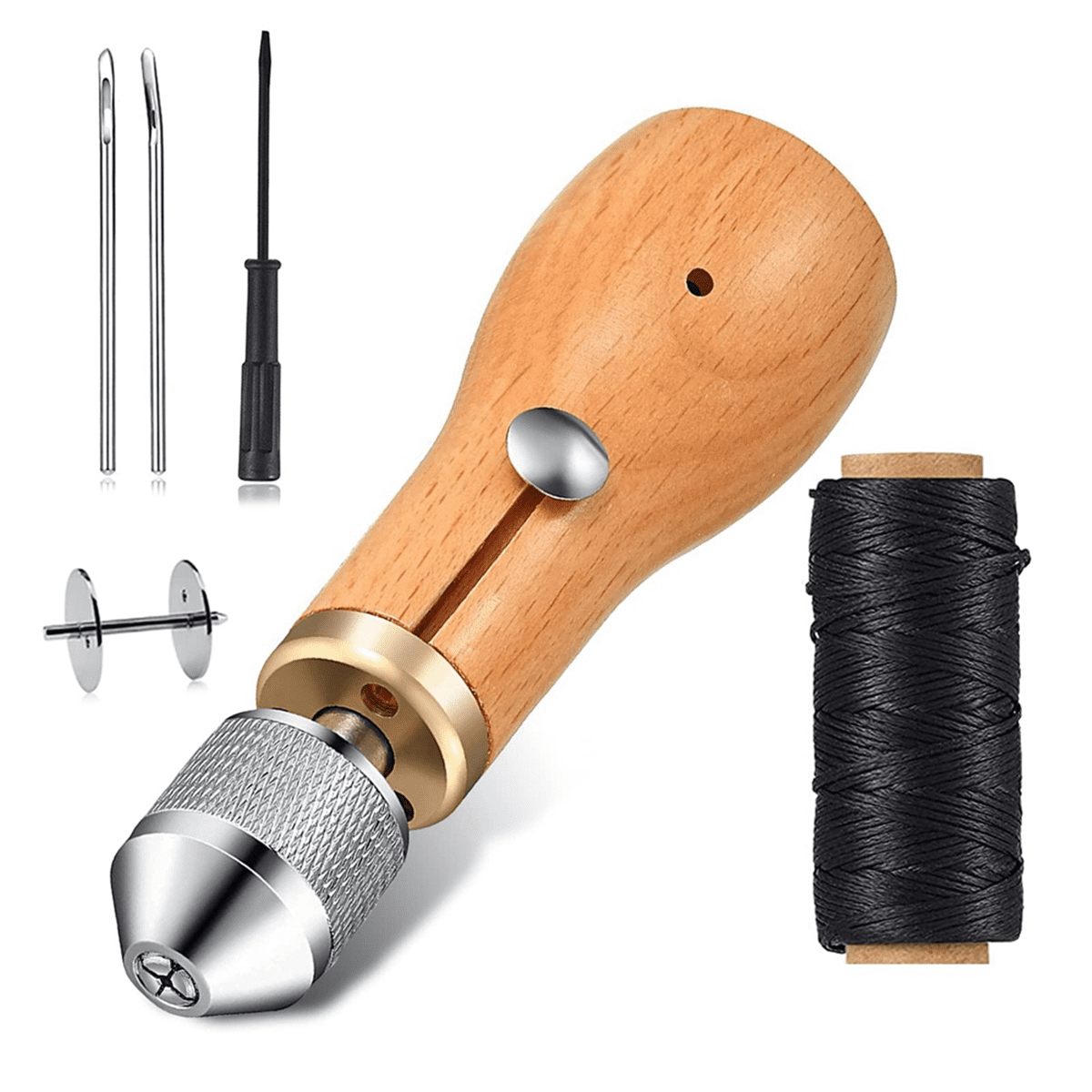 Wokape 10Pcs Canvas Leather Sewing Awl Needles Assortment Kit Contains Straight And Curved Needles, 3 Colors 50m Waxed Nylon Cord Threads With Coils