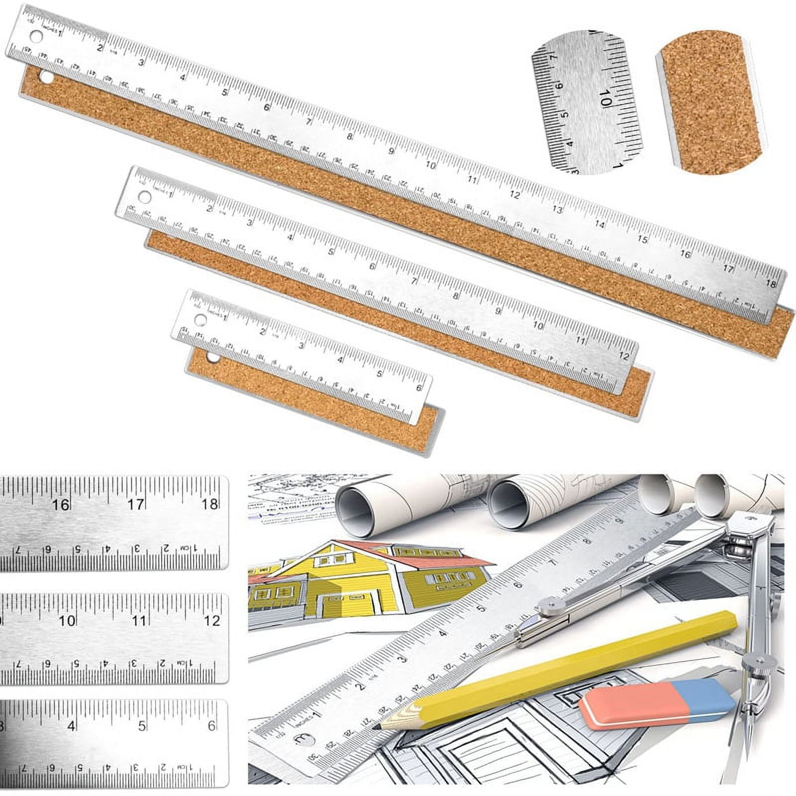 ckepdyeh Metal Ruler 3 Pieces Stainless Steel Ruler with Cork Backing