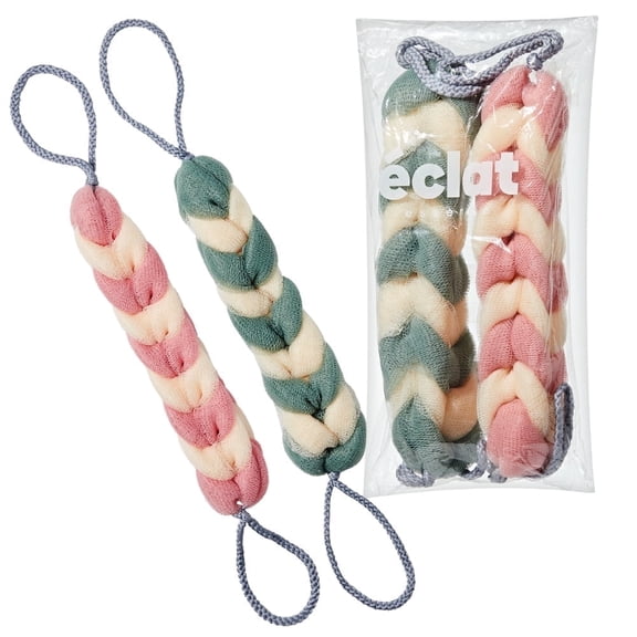 Éclat Long Stretch Back Loofah, Braided Mesh Shower Sponge with Rope Handles, Exfoliating Body Scrubber, Long Handle Bath Pouf for Deep Cleansing & Gentle Exfoliation (Pink/Green, 2Pcs)