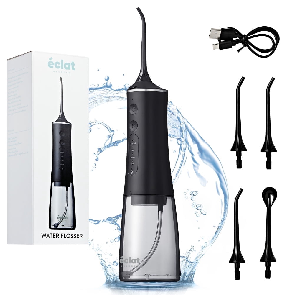 Éclat Portable Electric Waterproof Water Flosser for Deep Teeth Cleaning - 300ML Tank, USB-C Rechargable, Long Lasting 30 Day Charge, 4 Accessories Included BPA Free (Black)