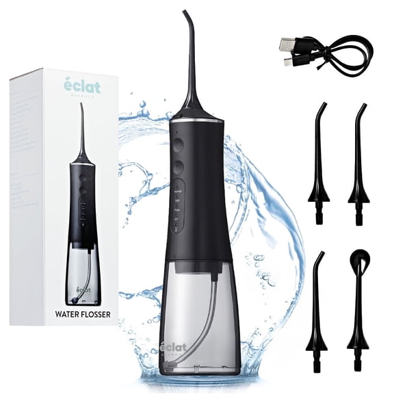 clat Portable Electric Waterproof Water Flosser for Deep Teeth Cleaning - 300ML Tank, USB-C Rechargable, Long Lasting 30 Day Charge, 4 Accessories Included BPA Free (Black)