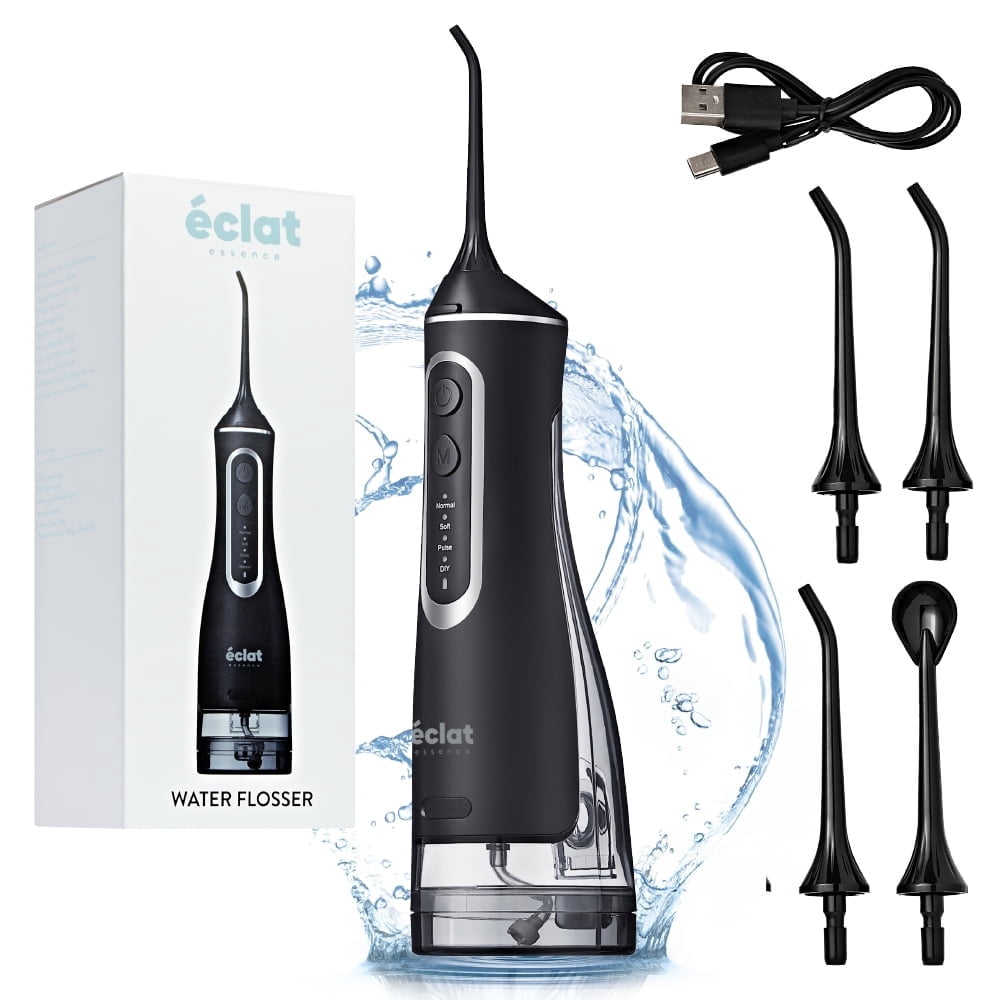 Éclat Portable Electric Waterproof Water Flosser for Deep Teeth Cleaning - 320ML Double Tank, USB-C Rechargable, Long Lasting 30 Day Charge, 4 Accessories Included BPA Free (Black)