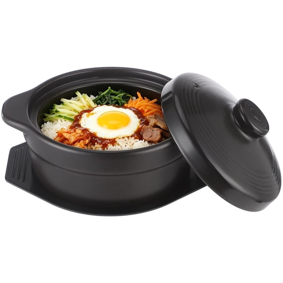 Korean Stone Pot with Lid & Platter, 60 oz Deep Ceramic Casserole Pot, Sizzling Hot Bowl, Black Clay Cookware for Soup, Stew, Risotto, Bibimbap