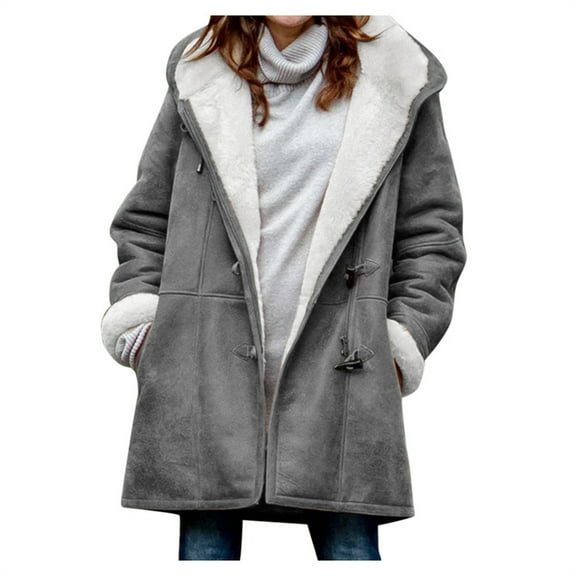 clear 50% off Pea Coat for Women Winter Usmixi Padded Fleece Overcoat for Women Warm Thickened Soft Plush Lined Hooded Coat Casual Solid Horn Button Outwear Jacket with Pocket Jacket Holiday