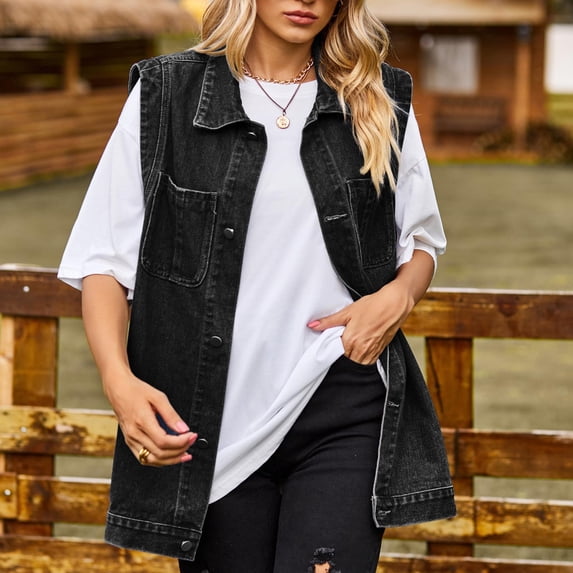 clear 50% off Usmixi 2023 Winter Womens Denim Vest Denim Jacket for Women Trendy Button Down Lapel Sleeveless Boyfriend Jean Jacket Coat Loose Casual Solid Vest Outerwear with Pocket Up to 65% off