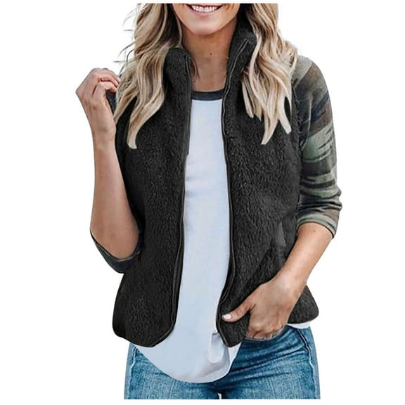 clear 50% off Usmixi 2023 Winter Womens Fleece Vest Plush Jacket for Women Plus Size Casual Solid Zip up Sleeveless Stand Neck Vest Coat Winter Warm Cozy Fuzzy Fluffy Sherpa Outerwear Up to 65% off