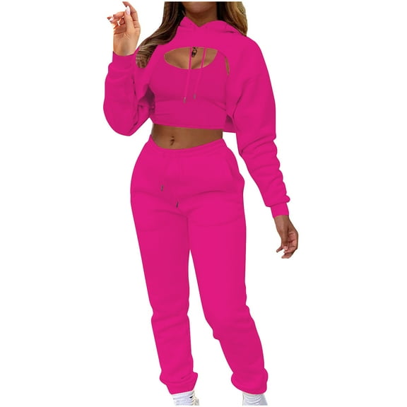 clear 50% off Usmixi 3 Piece Sets for Women Sports Tracksuits Set for Women Drawstring Cropped Hoodies Tank Tops and Jogger Pant Outfits Sets Casual Solid Pocket Sweatsuits Lounge Set Holiday
