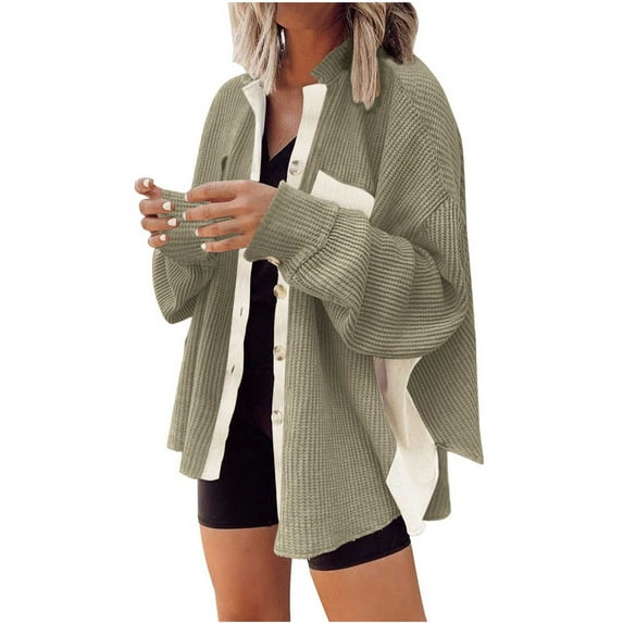 Usmixi 2023 Winter Womens Corduroy Jackets Womens Shacket Jackets Fashion Color Patchwork Button Down Stand Neck Shirts Coats Winter Loose Long Sleeve Cozy Corduroy Coat with Pocket Up to 65% off