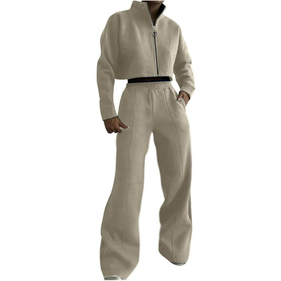 clear Usmixi Womens Tracksuits Set Full Zipper Cropped Coat Sets for Women Casual Elastic Waist Wide Leg 2 Pieces Outfits Workout Sports Sweatsuit Lounge Sets with Pocket Fall Saving