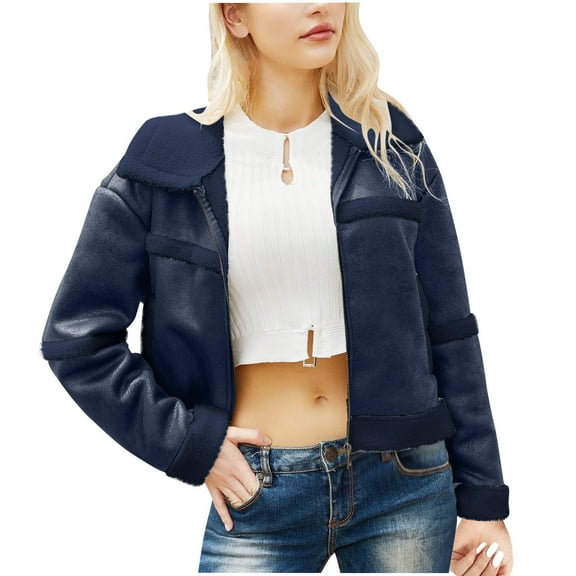 clear 50% off Usmixi Faux Coat for Women Winter Faux Suede Jacket for Women Trendy Leather Fleece Patchwork Cropped Coat Long Sleeve Lapel Open Zip up Fashion Plush Outwear with Pocket Weekly