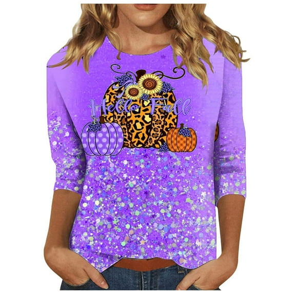 clear 50% off Usmixi Halloween Costumes for Women Halloween Shirts for Women Trendy Leopard Pumpkin Print Loose Pullover Tops Fall Ladies Casual Round Neck 3/4 Sleeve Tshirts Blouses Weekly