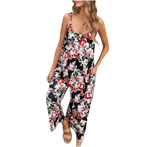 clear 50% off Usmixi Jumpsuits for Women Beach Holiday Plus Size Fashion Spaghetti Strap Wide Leg Pocket Long Jumpsuits Overalls Summer Formal Leaves Print Crewneck Sleeveless Maxi Rompers Red m