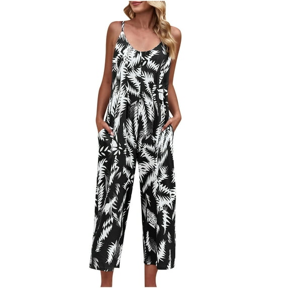 clear 50% off Usmixi Jumpsuits for Women Beach Holiday Plus Size Fashion Spaghetti Strap Wide Leg Pocket Long Jumpsuits Overalls Summer Formal Leaves Print Crewneck Sleeveless Maxi Rompers White xxl