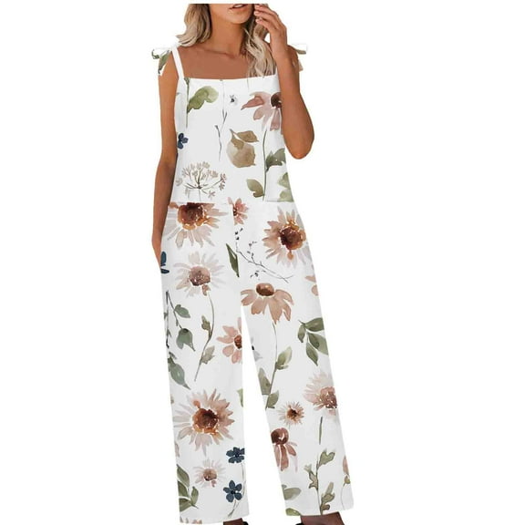 clear 50% off Usmixi Jumpsuits for Women Beach Vacation Fashion Loose Pocket Cotton Linen Wide Leg Baggy Strap Jumpsuits Overalls Summer Formal Leaves Print Round Neck Sleeveless Long Rompers White m