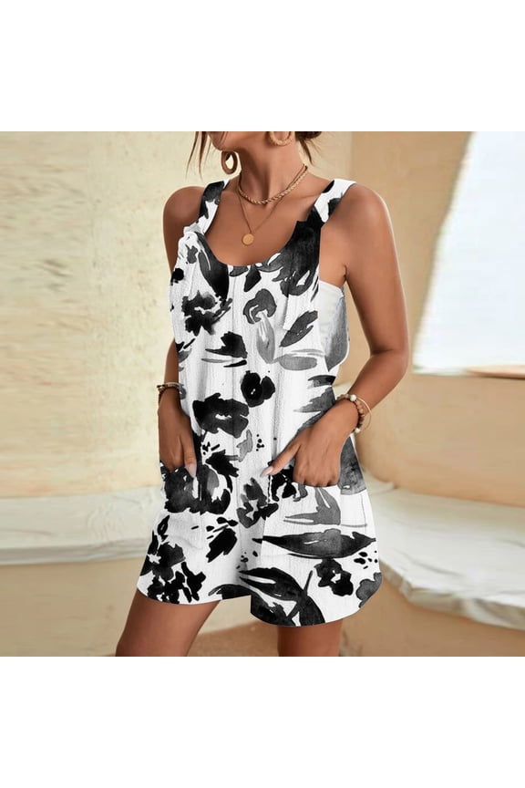 clear 50% off Usmixi Jumpsuits for Women Dressy Casual Plus Size Adjustable Strap Linen Loose Pocket Short Jumpsuits Overalls Summer Round Neck Sleeveless Plants Print Mini Formal Rompers White xxl