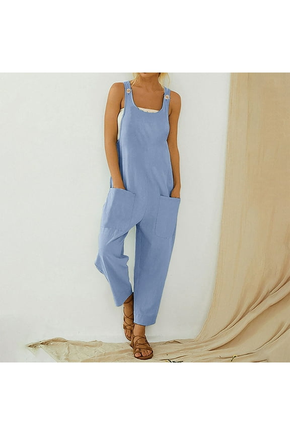 clear 50% off Usmixi Jumpsuits for Women Dressy Casual Solid Soft Cotton Linen Button Strap Long Jumpsuits Overalls with Pocket Summer Round Neck Sleeveless Plain Maxi Formal Rompers Light Blue l