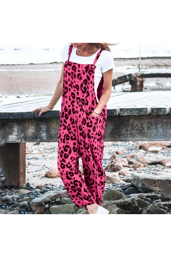 clear 50% off Usmixi Jumpsuits for Women Dressy Loose Pocket Adjustable Strap Plus Size Vintage Long Jumpsuits Overalls Summer Square Neck Sleeveless Leopard Print Maxi Formal Rompers Hot Pink s