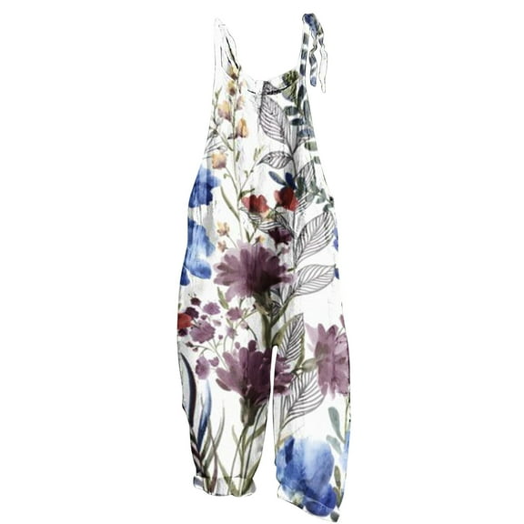 clear 50% off Usmixi Jumpsuits for Women Loose Wide Leg Breathable Linen Spaghetti Strap Fashion Pocket Baggy Jumpsuits Overalls Summer Formal Floral Print Crewneck Sleeveless Long Rompers Purple s